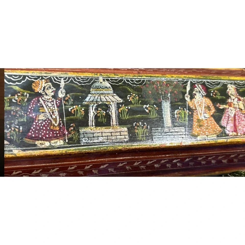 Vintage Wooden Box Ornate Hand Painted Indian‎ Design Jewelry Trinket Storage
